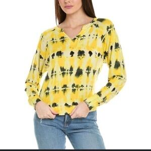 CAbi Yellow and Black Tie Dye V-Neck Top